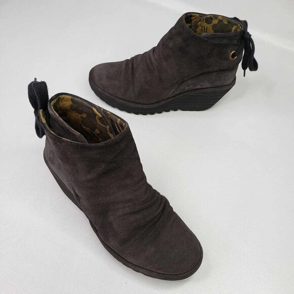 FLY London Suede Ruched Ankle Boots with Tie Detail Gray Women's Size 8 Wedge - Picture 1 of 9